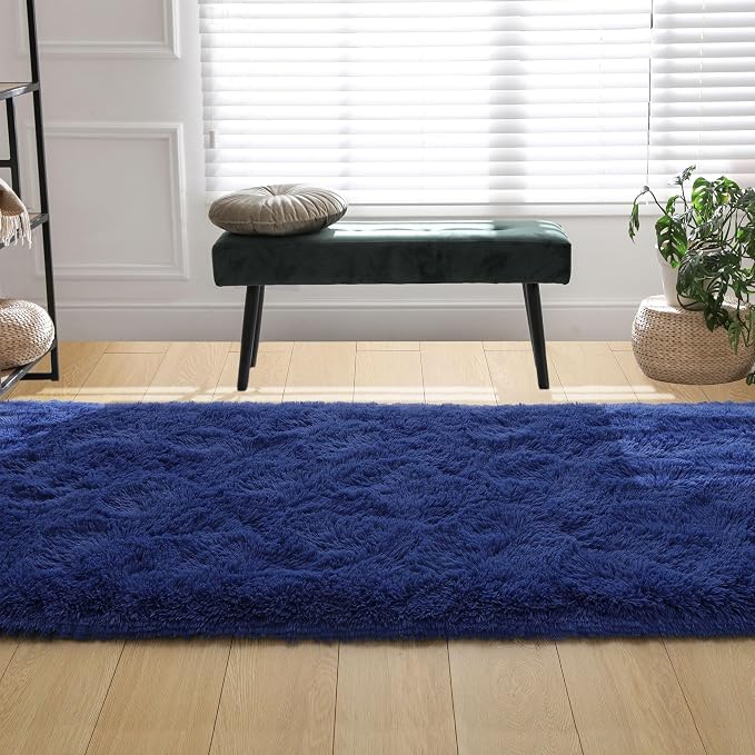 Tepook Soft Runner Rugs for Bedroom 2x6 ft with Rubber Backing, Navy Fluffy Rugs for Living Room, Shag Bedside Rug Fuzzy Plush Carpet for Room, Area Rug for Dorm Nursery Hallway Indoor Home Decor