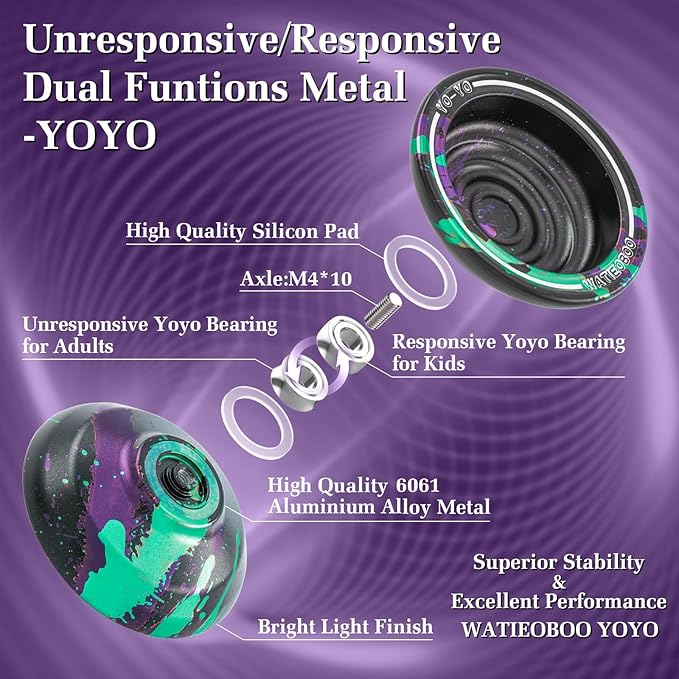 WATIEOBOO Unresponsive Metal Yoyo Professional, Replacement Responsive Ball Bearing Yoyo for Beginners, Professional Trick Yo yo for Adults with Bag, Glove and 10 Yo-yo Strings