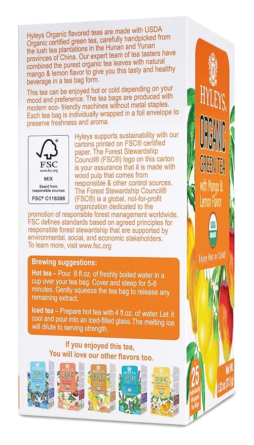HYLEYS Organic Green Tea, Mango and Lemon Flavor - 25 Individually Wrapped Tea Bags - USDA Organic - Kosher & Vegan