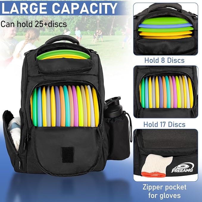 Disc Golf Bag Holds 10-25+ Discs, Disc Golf Backpack, Large Capacity Golf Bags with Mutiple Pockets, Disc Golf Accessories or Great Gifts for Men (Black)