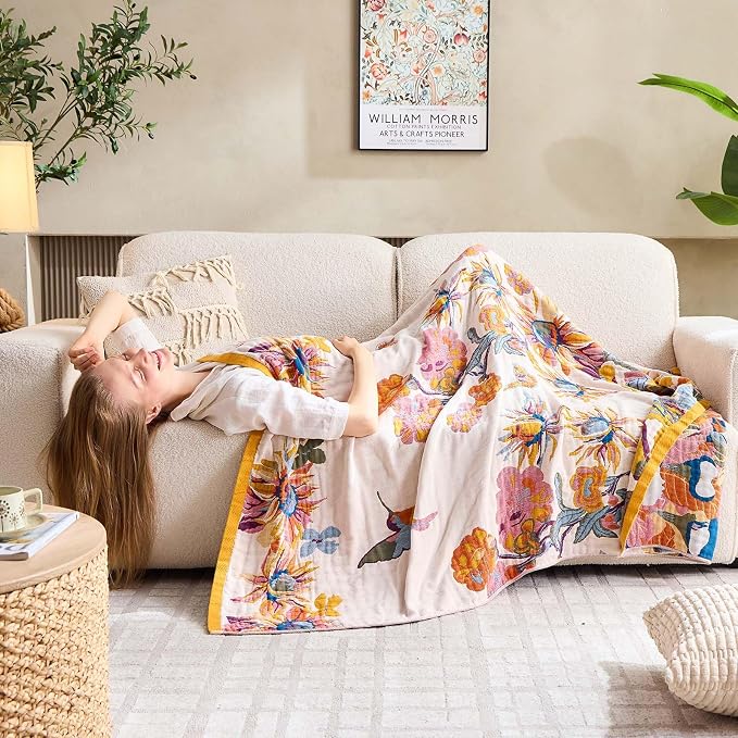 XIBLC Boho Throw Blanket, 100% Cotton Ultra Soft Luxury Throw Rustic Quilt, 80"x90" Floral Bird Butterfly Farmhouse Decor Bed Blankets, All Season Rustic Reversible Bohemian Throw for Bed - Yellow