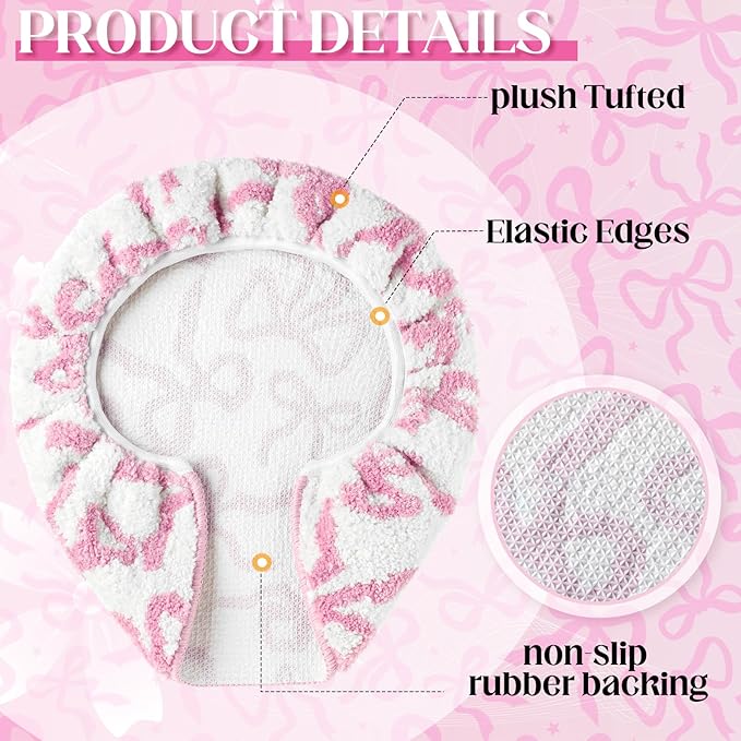 Rose Pink Bow Toilet Lid Cover Washable Coquette Cute Plush Toilet Cover for Bathroom Decor Soft Microfiber 17.5 x 15 Inch Non Slip Rubber Backing Fits Most Round, Elongated