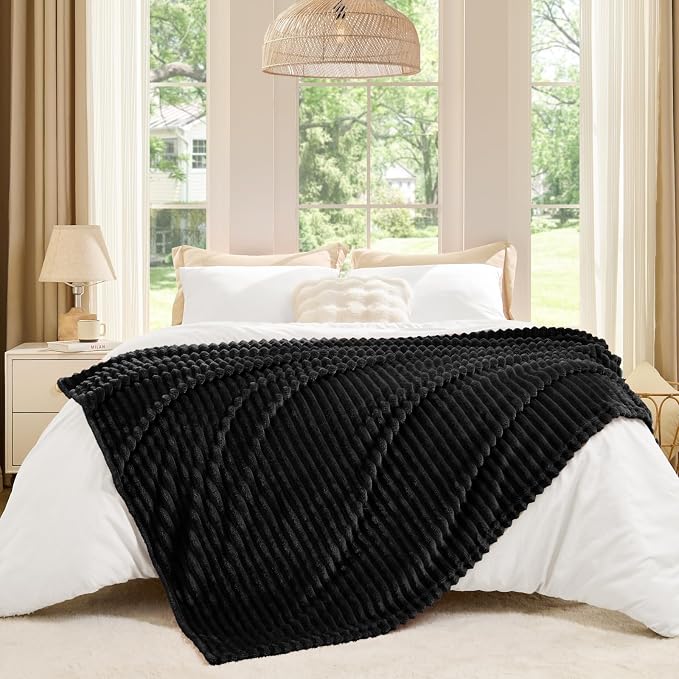 BEDELITE Ribbed Jacquard Black Fleece Throw Blanket for Couch, 50x60 Inch | Soft Warm Decorative Fluffy Blanket, Cozy Plush Lightweight Fuzzy Throw Blanket for Bed Sofa Home Room Decor, Gift for Women