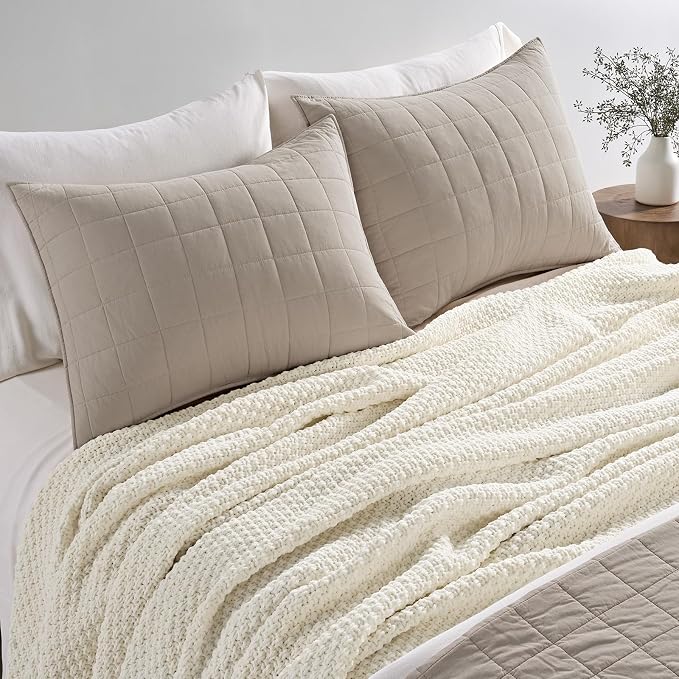 EVERGRACEHOME Chunky Chenille Knit Throw Blanket, 108x92, Ivory White | Sculpted Moss Stitch, Chic Modern Farmhouse, All-Season Warmth, OEKO-TEX® Certified, Oversized King for Couch, Bed, Sofa