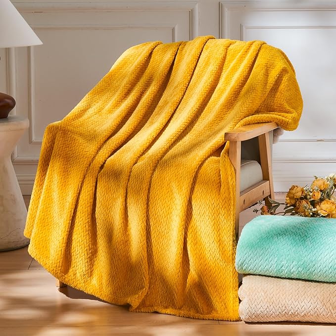 NEWCOSPLAY Fleece Leaves Pattern Twin Blanket, Mustard Yellow, 60"x80" | Super Soft Throw Blanket, Lightweight Cozy Bed Sofa Blanket, Premium Silky Flannel Fleece, Travel Blanket for All Season Use
