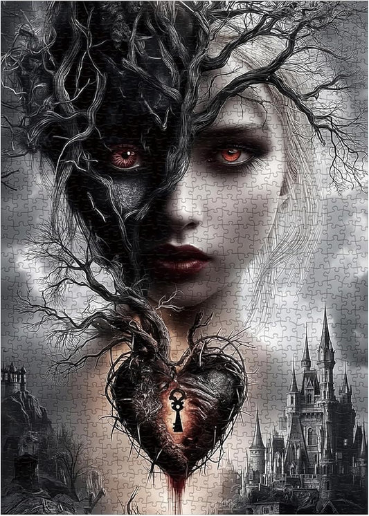 Magic Women Heart Puzzles for Adults 1000 Pieces, Fantasy Puzzle Tree of Life Key Demon Angel Jigsaw Puzzles, Black White Castle Impossible Hard Difficult Challenging Puzzle