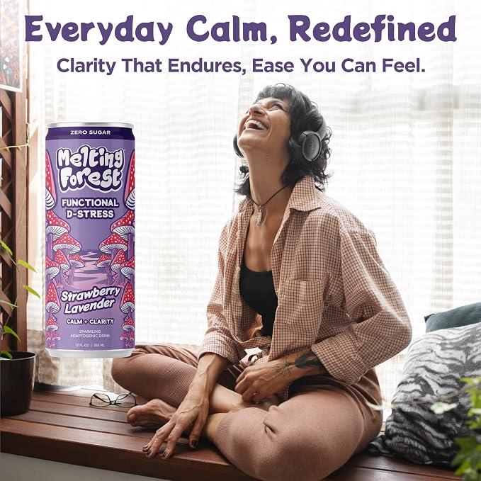 Melting Forest Functional Mushroom D-Stress - Adaptogen Drink w/L-Theanine, Reishi, Lion's Mane & Magnesium - Relaxation Drinks for Stress Relief - 0 Sugar, 5 Calories - Strawberry Lavender (12-Pack)