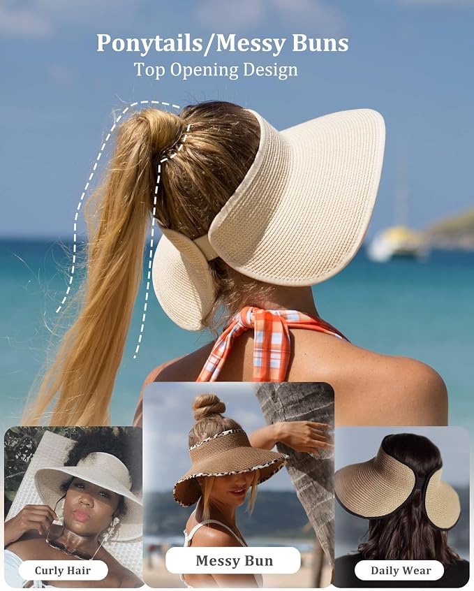 FURTALK Womens Sun Hat with Ponytail Hole Wide Brim Beach Straw Visor | Foldable & Packable for Beach Vacations, Adjustable Fit for Messy Buns, Detachable Windproof Strap, Sweat-Wicking Inner Band