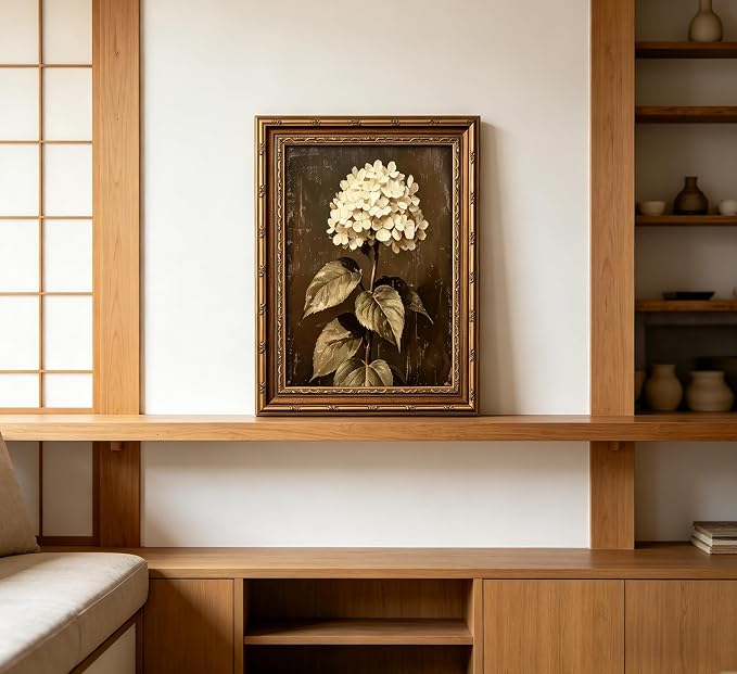 Vintage Gold Framed Floral Canvas Wall Art Retro White Hydrangea Flower Painting Picture Wall Decor Moody Botanical Flowers Poster Print Artwork for Living room Bedroom Home Decoration