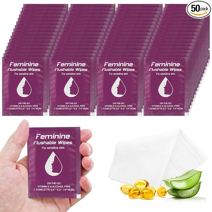 twoworld 50 Feminine Wipes Flushable Travel Individually Wrapped | Travel Wipes for Women,Feminine Care Wet Wipes Travel Size Vaginal Wipes for Adult,Girl and Homeless(Unscent)