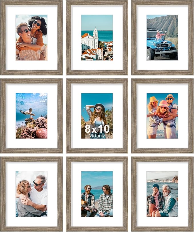 Vittanly 8x10 Picture Frames Set of 9, Wall & Tabletop, Grayish Brown | Display Pictures 5x7 with Mat or 8x10 without Mat, Small Photo Frames, Engineered Wood with Shatter Resistant Plexiglass