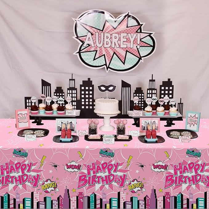 3Pcs Spider Birthday Party Tablecloths, Disposable Plastic Cartoon Spider Tablecloth Pink Hero Table Cover for Rectangle Table Girl’s Birthday Party Supplies, 54x108 inches
