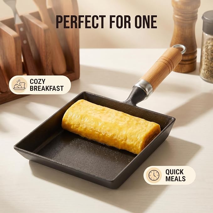 Cast Iron Tamagoyaki Pan Japanese Egg Omelette Pan Skillet Wooden Handle