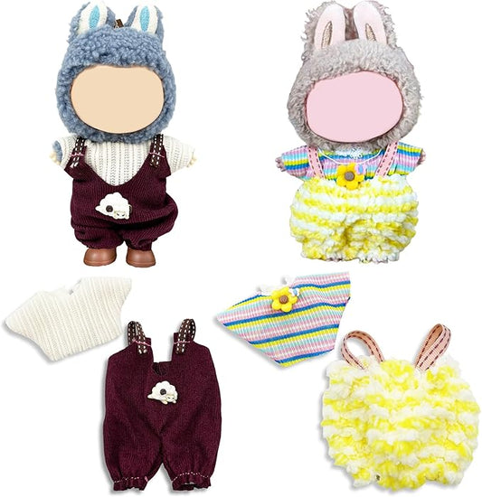 Doll Clothes for Labubu,Cute Outfit for 17cm Doll Clothe 2/3PCS Clothes and Hats Stylish Dolls Clothe for 17 cm Labubu,Casual Style Costumes for Labubu Dolls (Brown and Yellow Overalls)