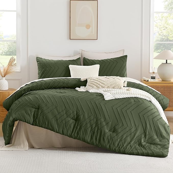Andency Olive Green Oversized Super King Comforter Set 120x120, Extra Large King Size Comforter Oversize Boho Soft Warm Bedding Comforter Sets, 3 Pieces Aesthetic Chevron Textured Bedding Set