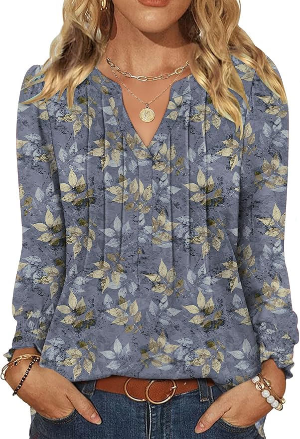 LOMON Womens Tops Dressy Casual Pleated Ruffle Long Sleeve Tunics Tops to Wear with Leggings V Neck Work Blouse