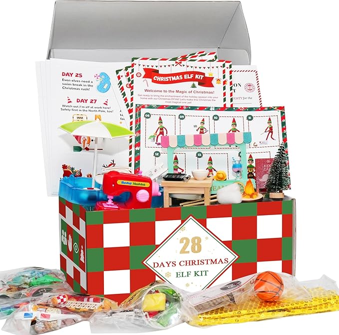 28-Day Christmas Elf Kit with 28 Fun Elf Scenes, Christmas Elf Adventure Kit 2025 Elf Box Kit Elf Helper Kit with Elf Props & Elf Accessories Kit for Christmas Countdown Ideas Kit