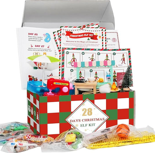 28-Day Christmas Elf Kit with 28 Fun Elf Scenes, Christmas Elf Adventure Kit 2025 Elf Box Kit Elf Helper Kit with Elf Props & Elf Accessories Kit for Christmas Countdown Ideas Kit