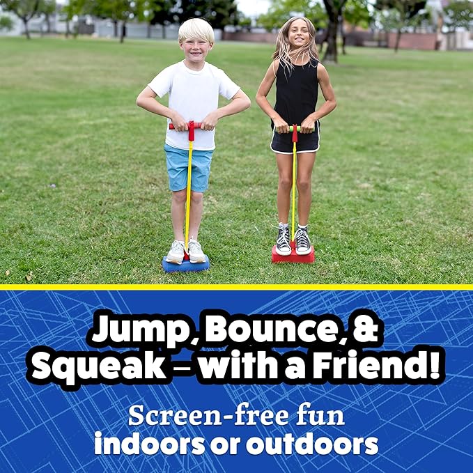 Dueling Stomp Hopper Pogo Stick - Jump, Bounce & Squeak Foam POGO Jumper for Kids - Toddler Pogo Stick with Soft Grips & Stretchy Bands - STEM Indoor & Outdoor Toys for 3-5 Year Olds