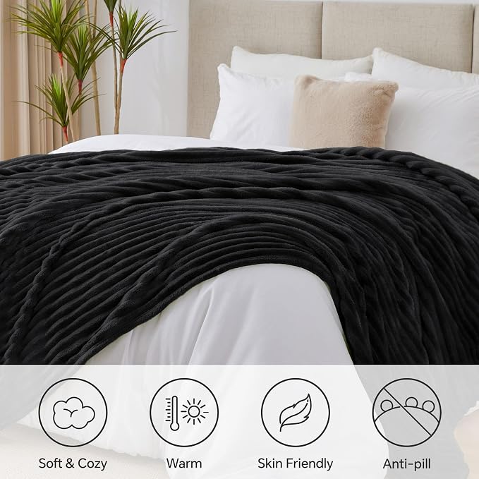 BEDELITE Ribbed Full Size Blanket for Bed, Black, 84"x90" | Ultra-Soft Plush Fleece, Warm Yet Lightweight, Ribbed Texture, Home Decor, Machine Washable, Giftable, All-Season Use
