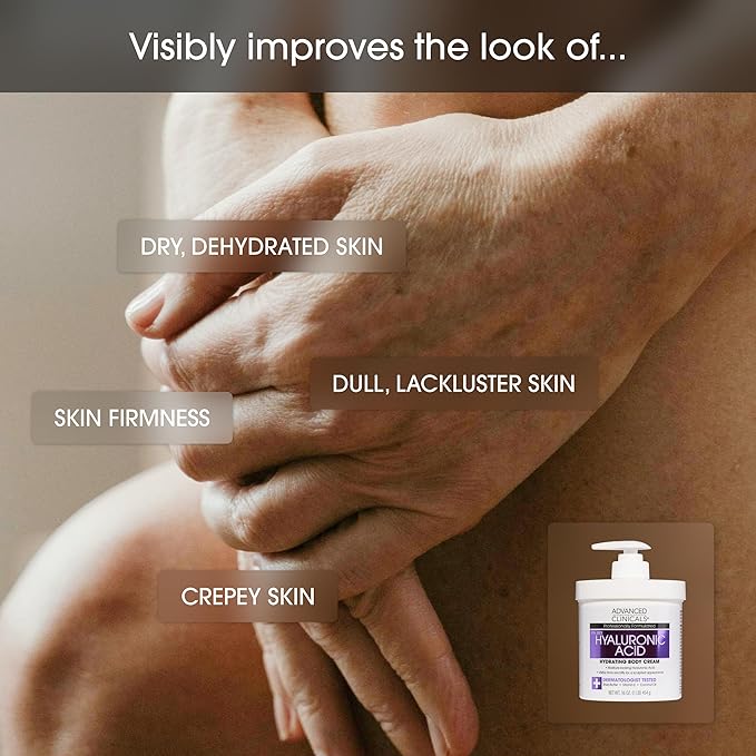 Advanced Clinicals Hyaluronic Acid Moisturizer Body Cream | Hydrating Cream & Body Lotion For Women & Men To Help Improve Look of Wrinkles, Stretch Marks, Dry Skin, & Crepey Skin, 16OZ + Travel Size