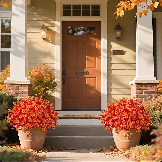 Ouddy Decor 24 Pcs Artificial Fall Flowers for Outdoors, Bright Orange | Lifelike faux mums, silk flower, UV resistant, no-maintenance, for autumn Thanksgiving garden porch yard indoor outdoor decor