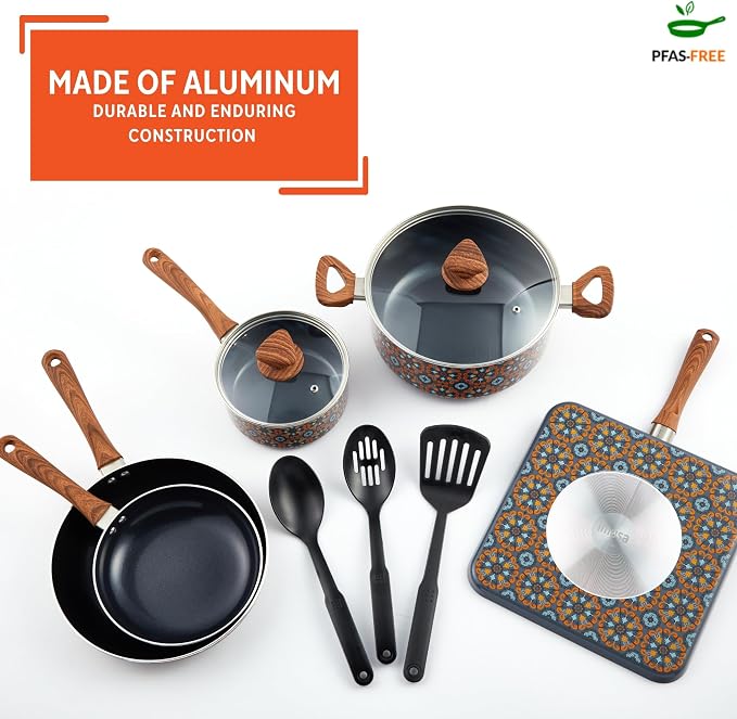 IMUSA 10 Piece Talavera Aluminum Black Ceramic Cookware Set | Black Ceramic Nonstick Coating, Cool-Touch Handles and Glass Lid, Ideal for Mexican Dishes, Great for Gifting
