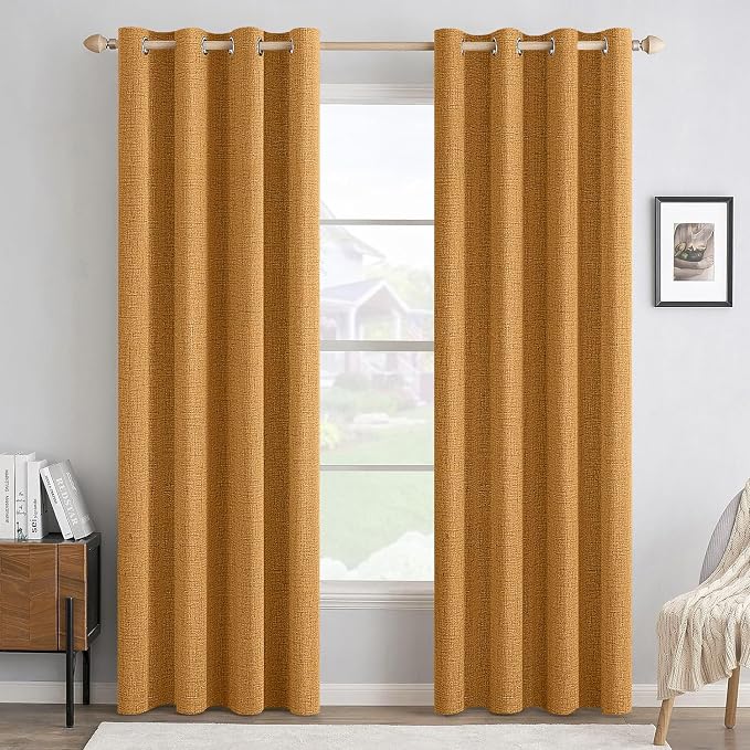 MIULEE 100% Blackout Linen Textured Curtains for Bedroom Solid Thermal Insulated Mustard Yellow Grommet Room Darkening Curtains & Drapes Luxury Decor for Living Room 52 x 84 Inch (2 Panels)