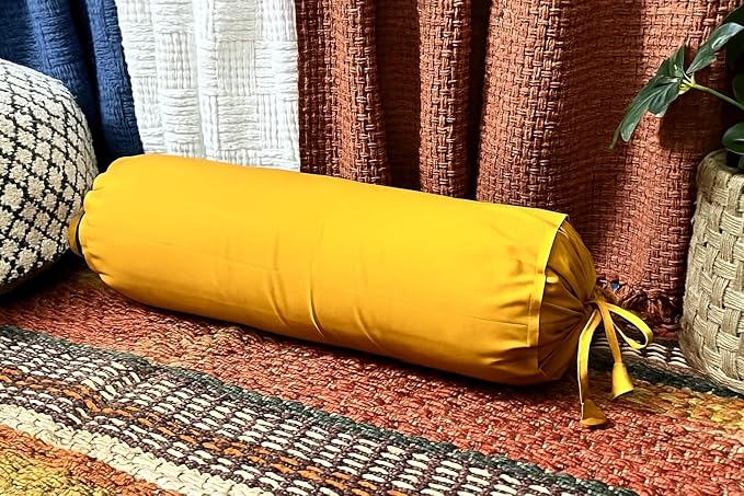 Round Pillow Cover Cervical Neck Roll Cotton Bolster Pillowcase for Cylindrical Cushion and Drawstring Closure Round Neck Pillowcase 6" x 18" (15 x 45 cm) Mustard