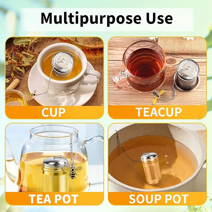2 Pack Tea Strainers for Loose Tea with 2 Drip Trays & Bee Charms, Extra Fine Mesh Tea Infuser, 304 Stainless Steel Tea Steeper, for Brew Tea, Spices & Seasonings