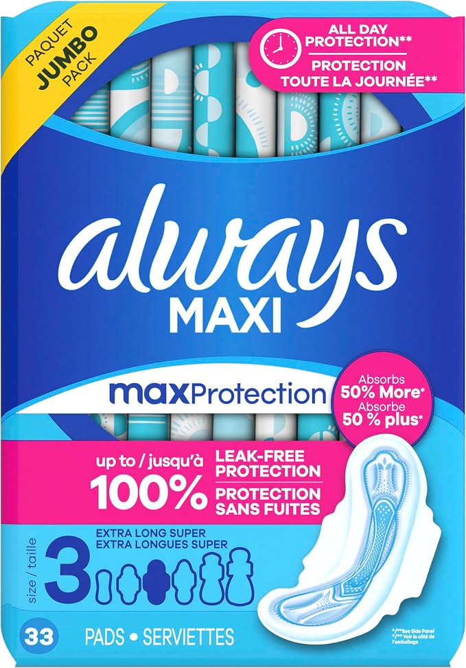 Always Maxi Feminine Pads with Wings for Women, Size 3, Extra Long Super Absorbency, Unscented, Up to 100% Leak-Free Protection, 33 Count