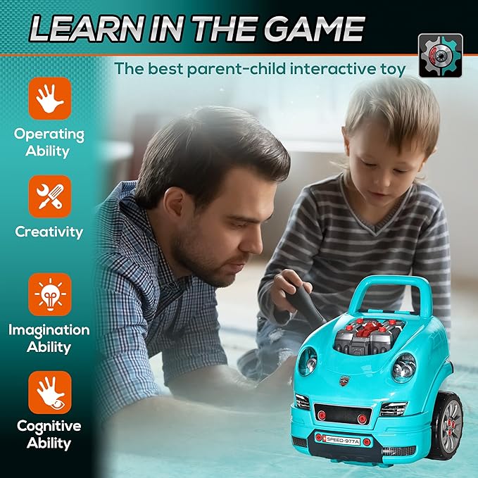 Qaba Truck Engine Toy, Kids Mechanic Set with Lights, Sounds, Steering Wheel and Horn, Pretend Car Service Station Play with 61-Piece Included, Toy Engine Building Kit for Kids Aged 3+, Blue