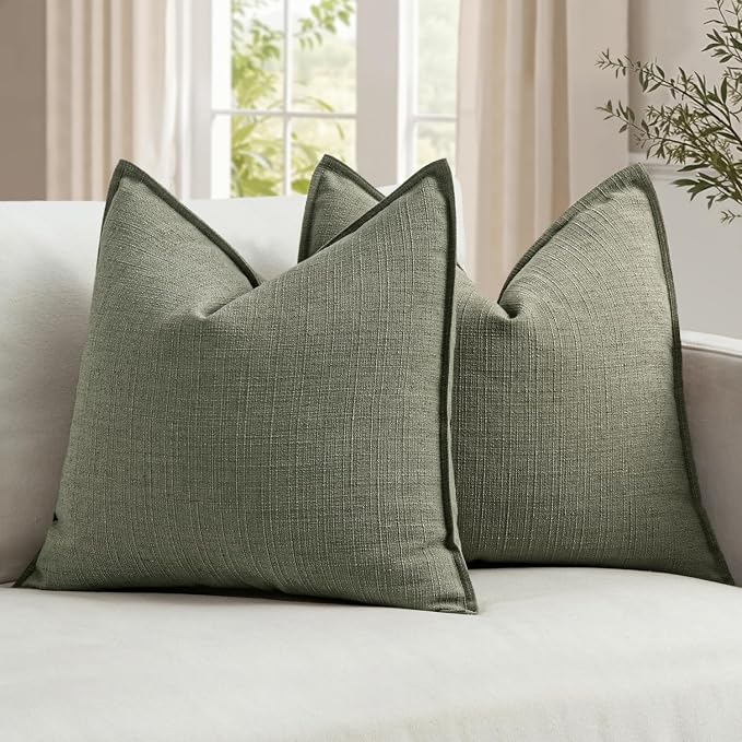 MIULEE Thick Textured Decorative Throw Pillow Covers 20x20 Inch Olive Green | Set of 2, Linen Blend Pillow Cover, Flange Edge Design, Farmhouse Modern Boho Style, Bed Couch Living Room Decor