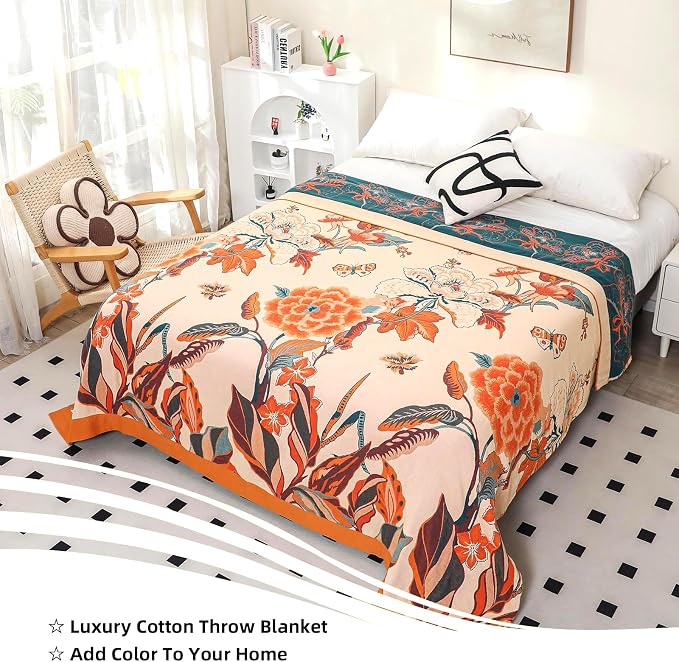 VANJOROY Boho Large Throw Blanket, 100% Organic Cotton Breathable Soft Bed Throw - Floral Bird Farmhouse Decor Blanket for Sofa Couch Chair Quilt and Gift. 91" x 98"- Beige