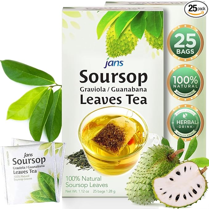 Jans Soursop Tea Bags 25 Count | 100% Natural Soursop Leaves | Caffeine Free Sour Sop Tea | Vegan Herbal Tea | Individually Wrapped Tea Bags | Cholesterol Free Sugar Free Relaxation Beverage
