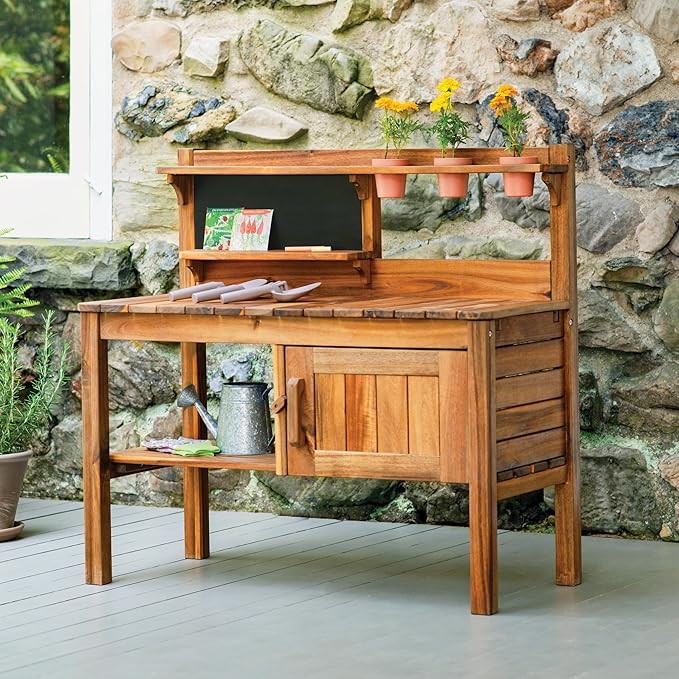 Martha Stewart Kids Outdoor Potting Bench: Acacia Wood Kids Gardening Set with Pots, Garden Tools, Soil Bin and Open Shelves | Wide Extendable Workspace | Wooden Backyard Playset for Outdoor Activity