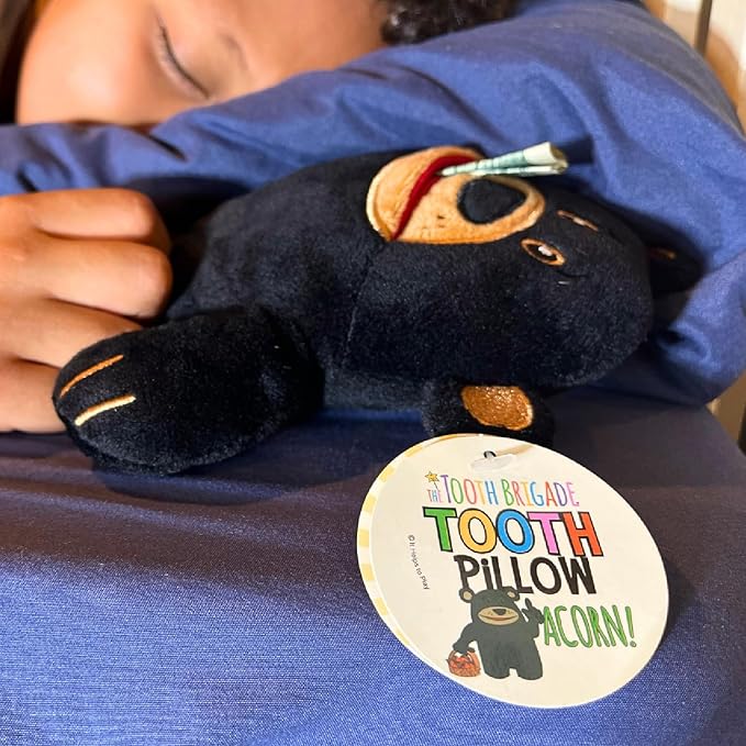 The Tooth Brigade Tooth Fairy Pillow | Stuffed Plush with Large Pocket Mouth for Lost Teeth, Treasures, Prizes - Fun and Interactive Plush, Perfect Kids, Boys, & Girls Gift (Acorn Black Bear)