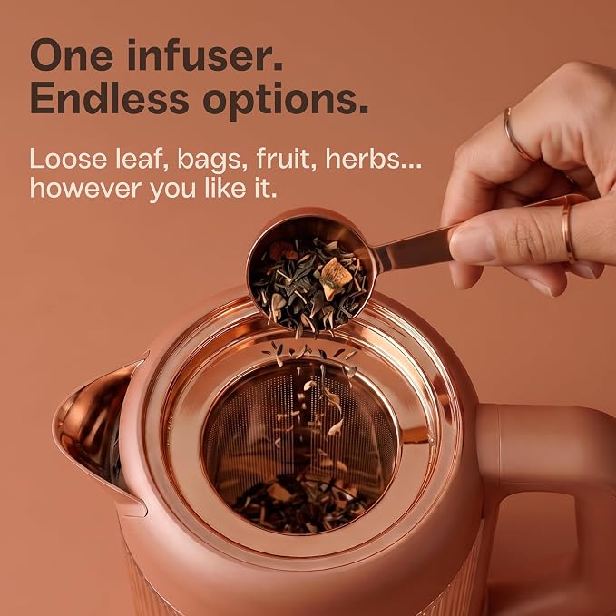Viante Nina Electric Tea Kettle with Infuser, No Plastic In Contact With Water, 1.5L Borosilicate Glass, 304 Stainless Steel, 4 Temp Presets, Keep Warm, Cordless, Auto Shut-Off, Terracotta
