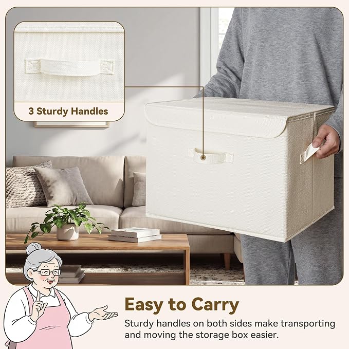 GRANNY SAYS Memory Keepsake Storage Box, Fabric Storage Bins with Lids | Flip-Top Lid, Collapsible, Stackable, 3 Handles, Ideal for Closet Clothes Blanket Toy, Extra Large, Ivory White&Khaki, 2-Pack