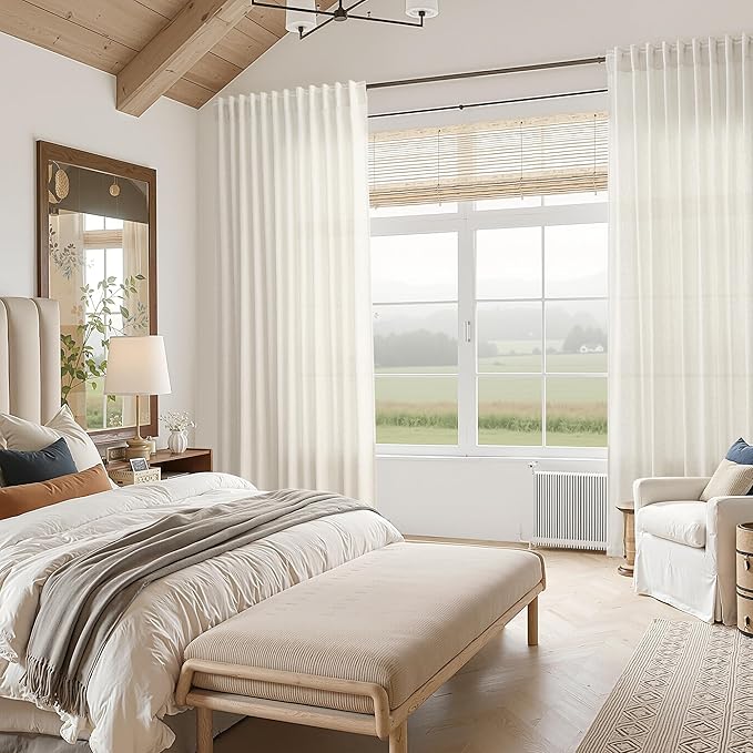 Nanspring Natural Linen Curtains for Living Room 105 Inches Long Rustic Farmhouse Decor Light Filtering Semi Sheer Curtain Back Tab and Rod Pocket Luxury Drapes for Bedroom Office 52x105, 2 Panels