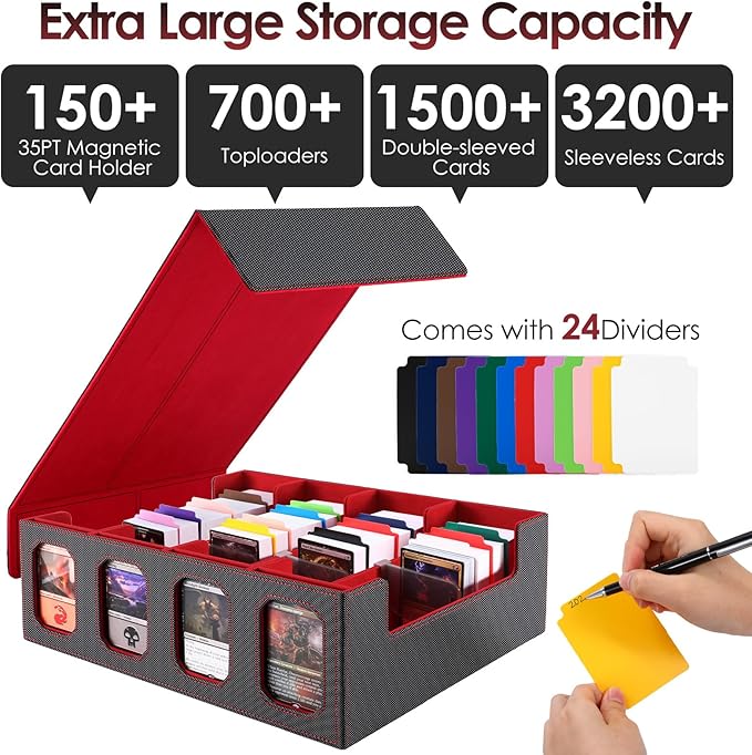 Trading Card Storage Box with Commander Display, 4-Row Deck Case with Removable Lid, 3200+ MTG Deck Box with 24 Colorful Divider, 4 Magnetic Card Holders, 4 Stoppers, Dice Tray(Black Red)