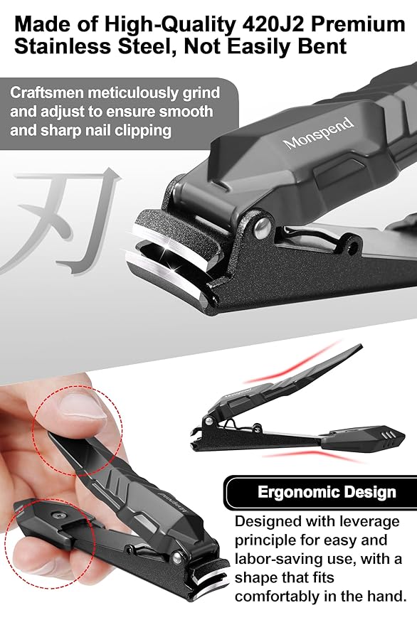 Nail Clippers with Catcher – No Splash Nail Cutters Fingernail and toenail Clippers for Thick Nail， Stainless Steel Fingernail Cutter for Men Women，Custom Flannelette Bag Storage