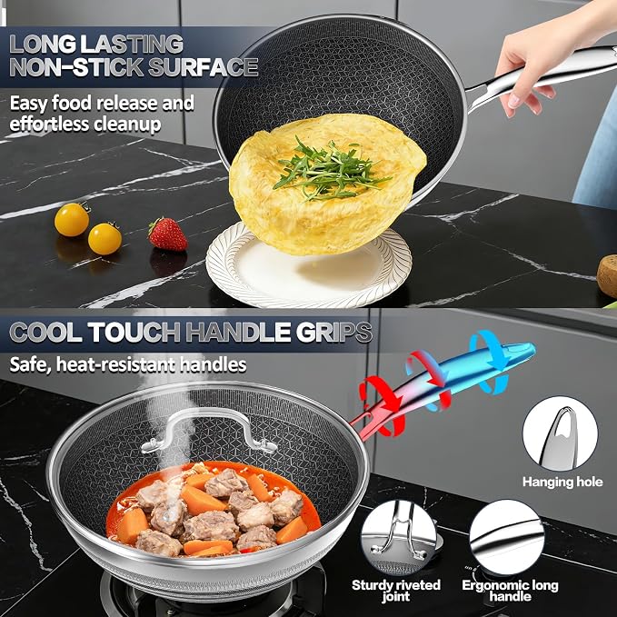 Woks & Stir-fry Pans Nonstick - Hybrid 304 Stainless Steel Wok 10.8" Non Stick Wok Pan with Lid for Induction, Electric, Gas, All Stoves, PFOA Free Cookware, Dishwasher and Oven Safe