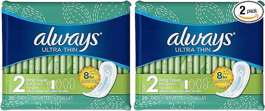 Always Ultra Thin Long Super Pads, 20 Count, (Pack of 2)