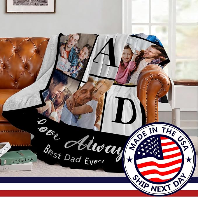 SHIPS NEXT DAY Personalized Fathers Day Birthday Gifts from Daughter Son Kids Wife Custom Photos Blanket with PictureText Customized Father's Day Christmas Dad Husband Grandpa Papa Unique Gifts