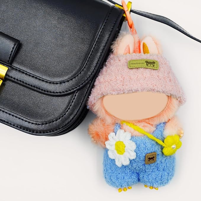 17cm Doll Clothes, 3-Piece Set with Handmade Hat, Jumpsuit & Bag, Sunflower Style Outfit for Cute Plush Doll, for Keychain Accessories(Pink and Blue)