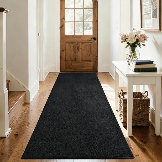 FinRèc 2x8 Washable Runner Rugs for Kitchen Hallway Bedroom, Low Pile Thin Rug Solid Color, Non-Slip Carpet Indoor for Home Decor (Pure Black)