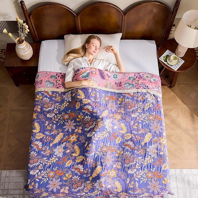 XIBLC Boho Blanket, 100% Cotton Farmhouse Decorative Throw Blanket, 60"x80" Reversible Bohemian Throw Blanket, Purple All Season Muslin Breathable Woven Blankets Quilt