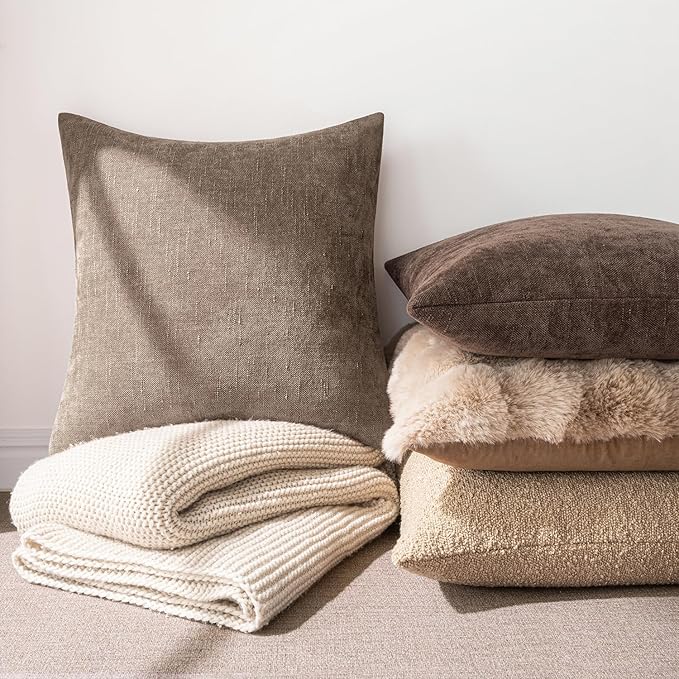 MIULEE 12x20 Inch Lumbar Textured Chenille Throw Pillow Covers Taupe Grey | Pack of 2 Decorative Soft Throw Pillows, Solid Textured Cushion Covers, Modern Home Decor for Couch Sofa Bedroom Living Room