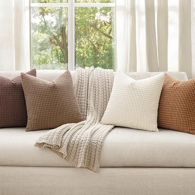 MIULEE Fall Decorative Throw Pillow Covers 20x20 Inch Set of 4 Brown | Modern Natural Rustic Throw Pillows, Warm Neutral Soft Corduroy Pillowcases, Home Decor for Sofa Living Room Bed